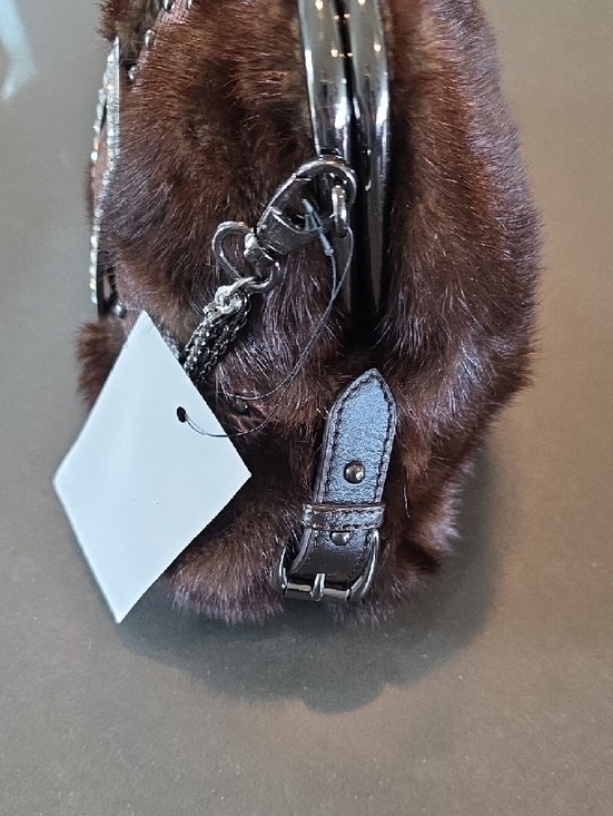 Brown Mink and Snake-Texture Evening Bag with Rhinestone Buckle & Kiss Closure - Picture 9 of 16